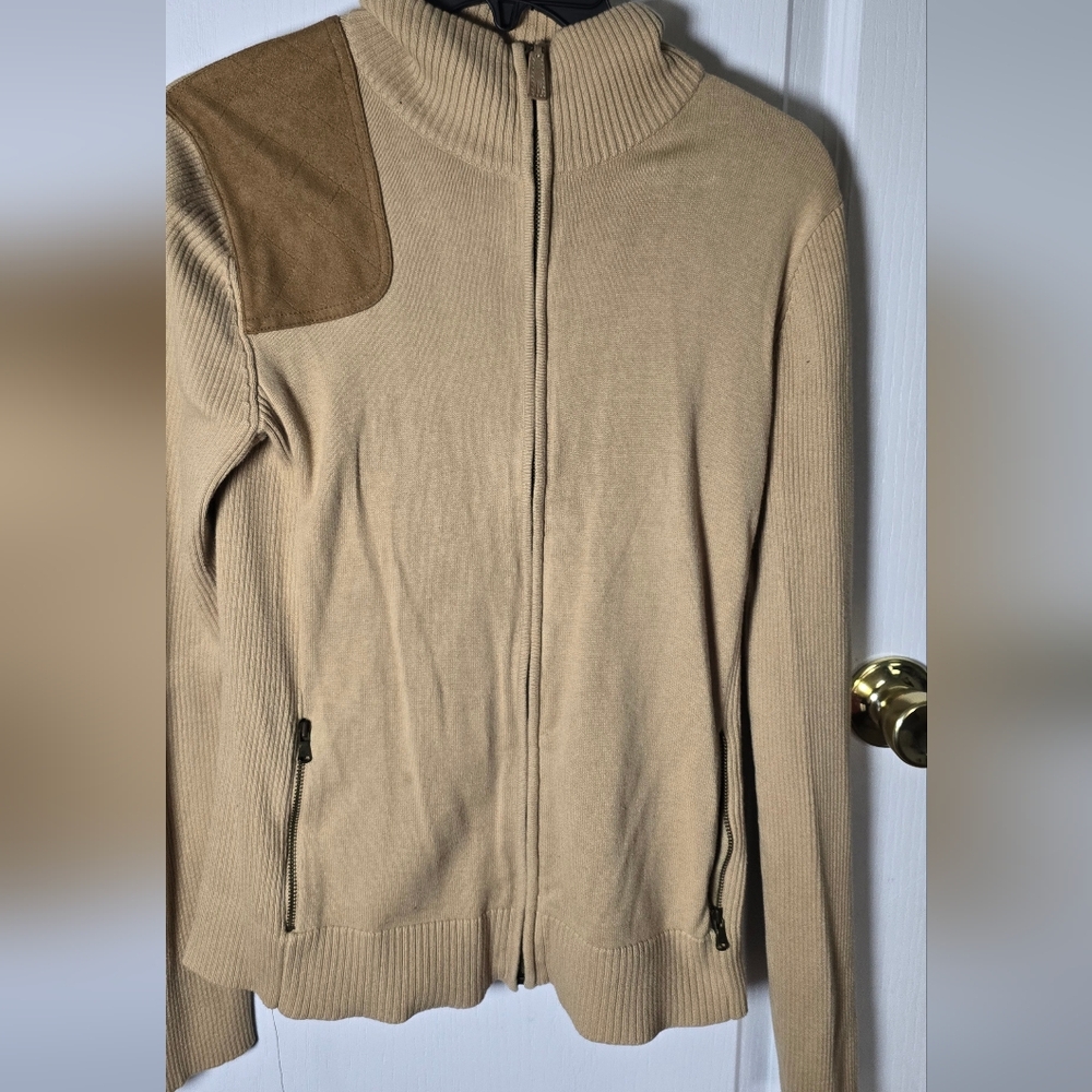 Ralph Lauren Tan Knit Zip-Up Mock Neck Cardigan
